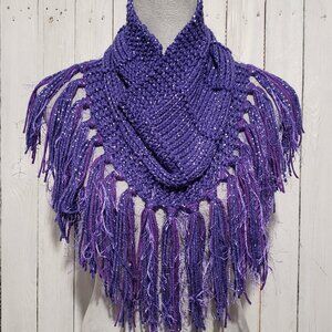 NEW Hand Knitted Purple Metallic Boho Cowl Scarf Fringe Indie Festival Glam Mod